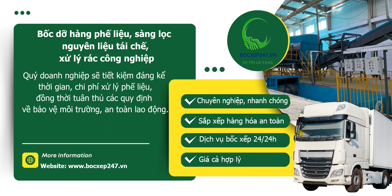 Bốc dỡ hàng phế liệu, sàng lọc nguyên liệu tái chế, xử lý rác công nghiệp