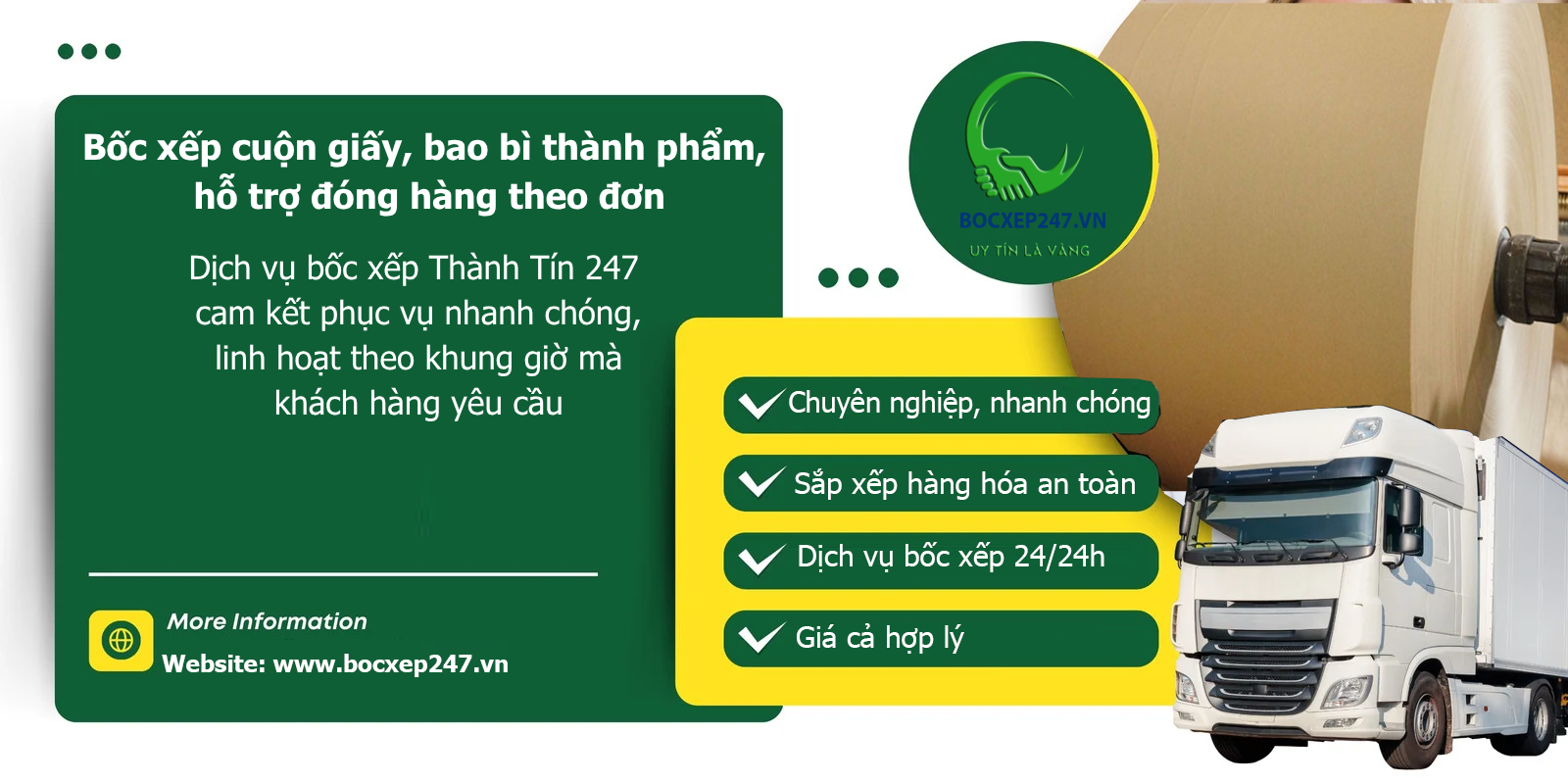 Bốc xếp cuộn giấy, bao bì thành phẩm, hỗ trợ đóng hàng theo đơn