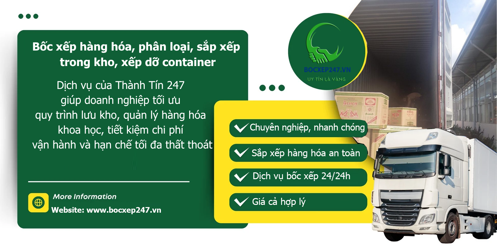 Bốc xếp hàng hóa, phân loại, sắp xếp trong kho, xếp dỡ container