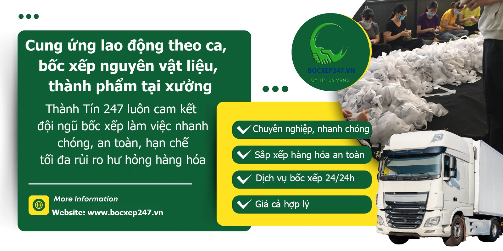 Cung ứng lao động theo ca, bốc xếp nguyên vật liệu, thành phẩm tại xưởng