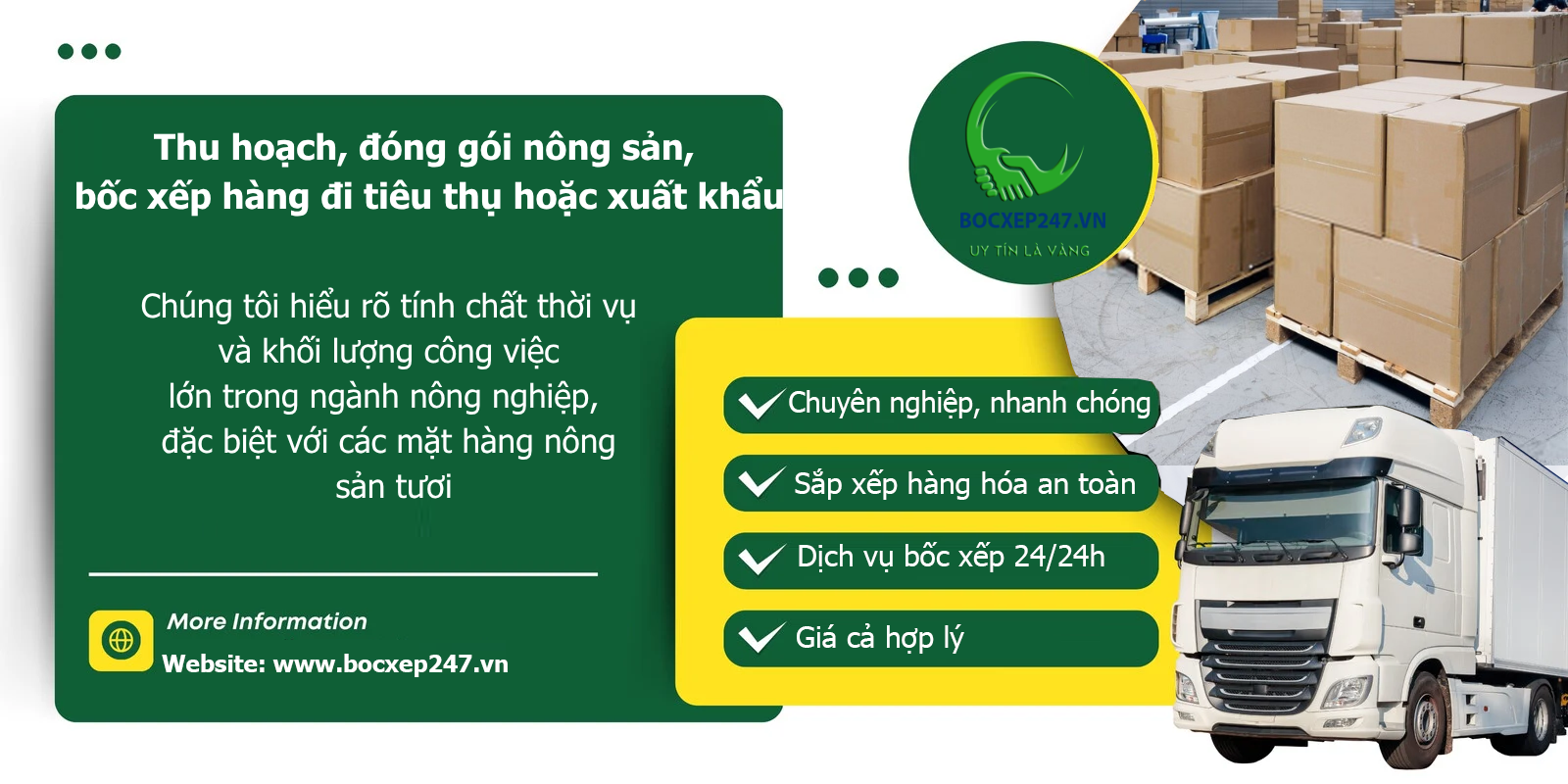 Thu hoạch, đóng gói nông sản, bốc xếp hàng đi tiêu thụ hoặc xuất khẩu