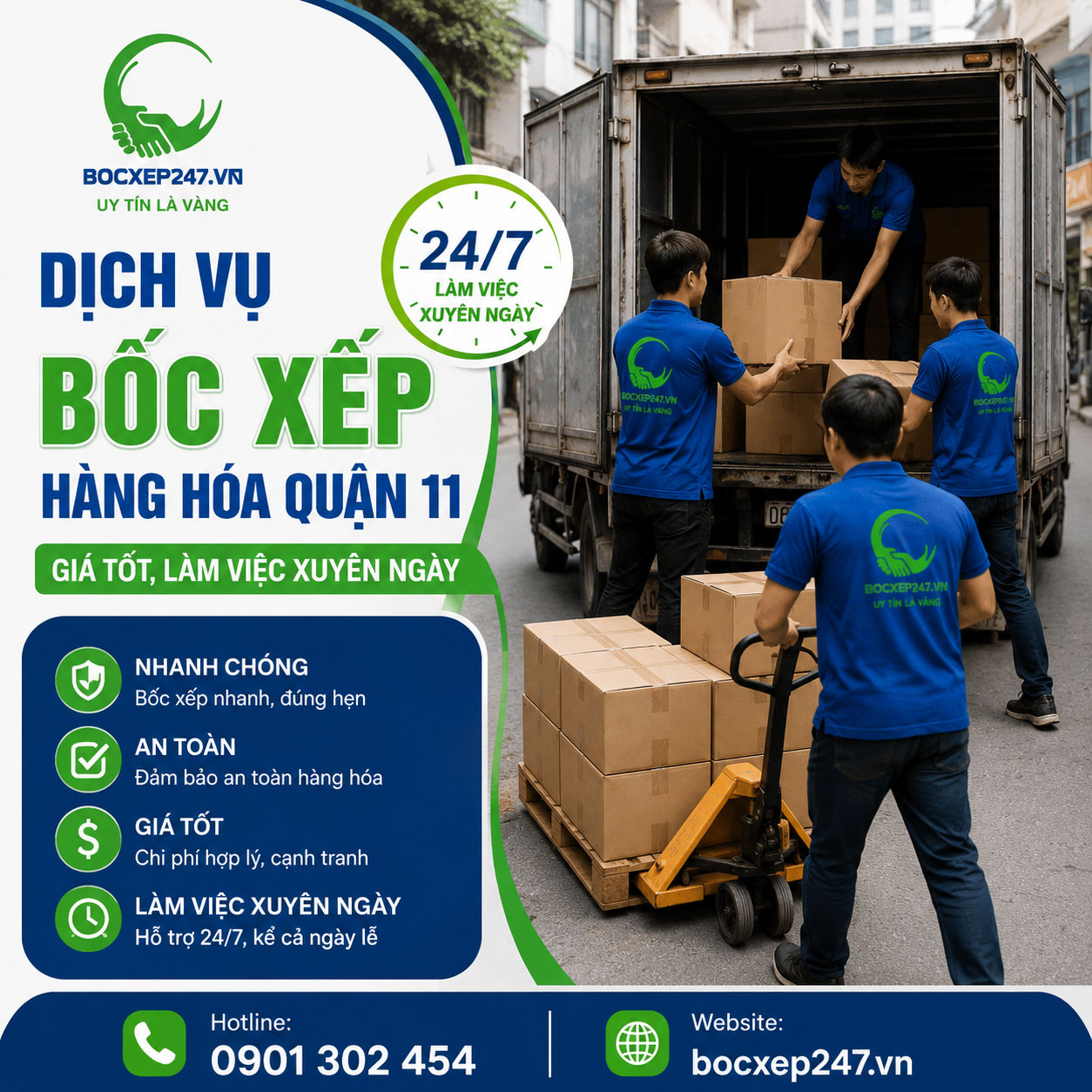 Dịch vụ bốc xếp hàng hóa quận 11 giá tốt, làm việc xuyên ngày