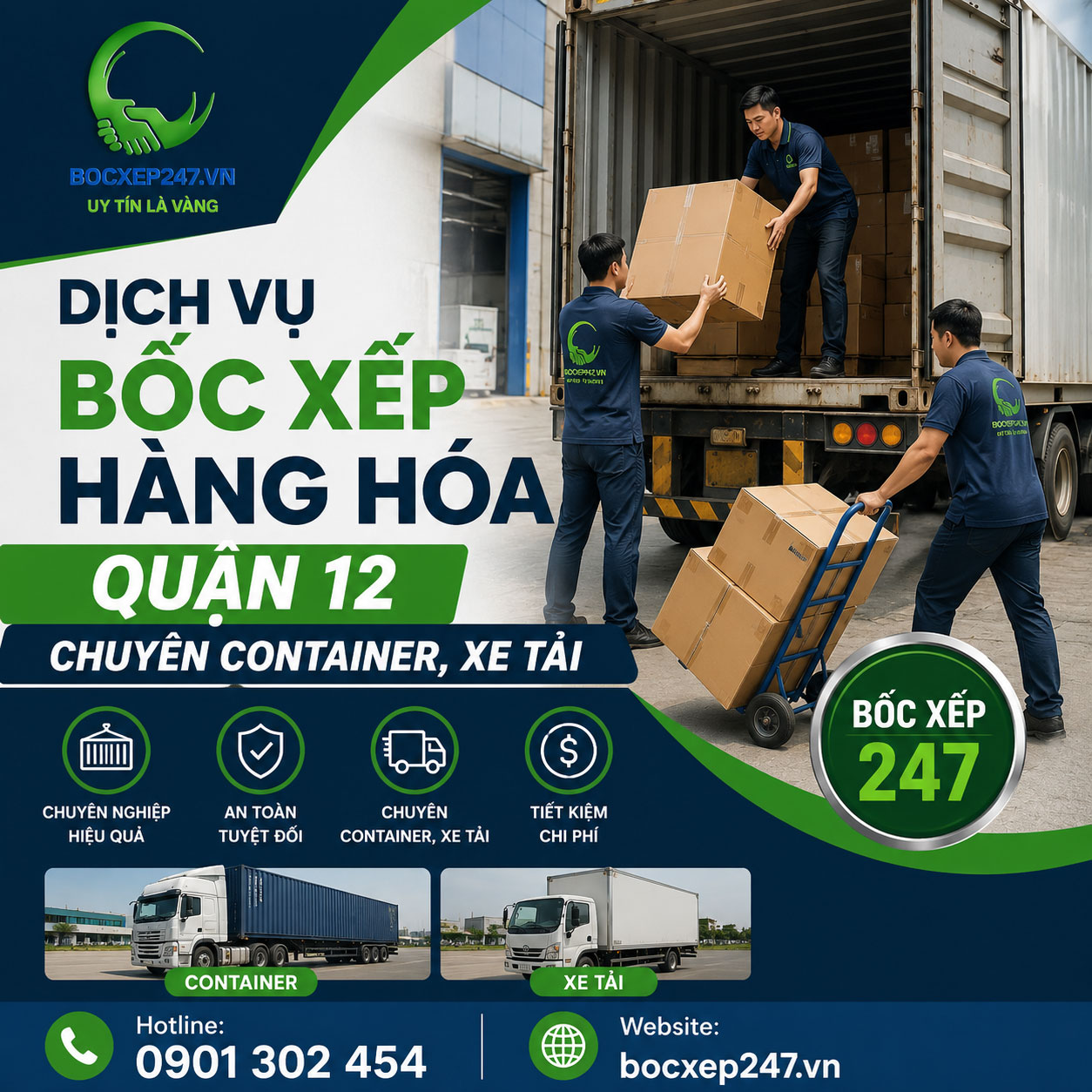 Dịch vụ bốc xếp hàng hóa quận 12 chuyên container, xe tải