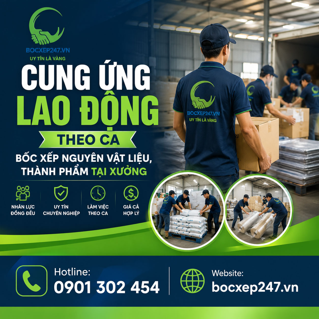 Cung ứng lao động theo ca, bốc xếp nguyên vật liệu, thành phẩm tại xưởng
